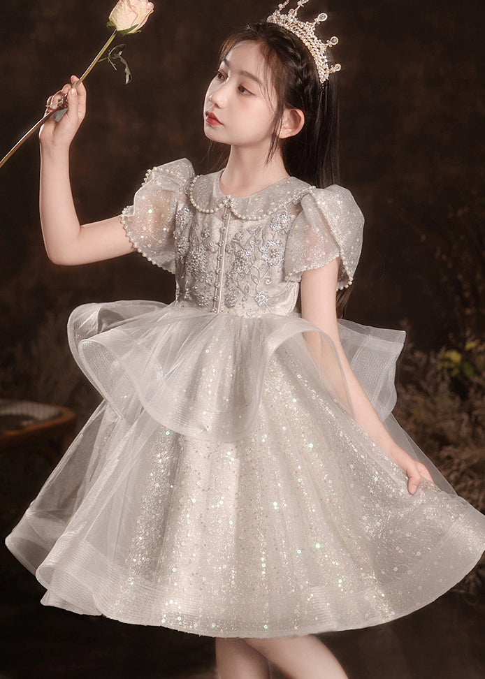 Style Light Grey Peter Pan Collar Nail Bead Tulle Kids Long Dress Short Sleeve