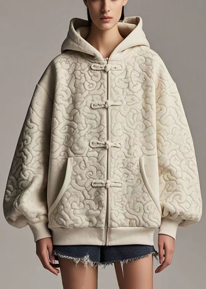 Style Light Khaki Oversized Jacquard Cotton Hooded Jacket Fall