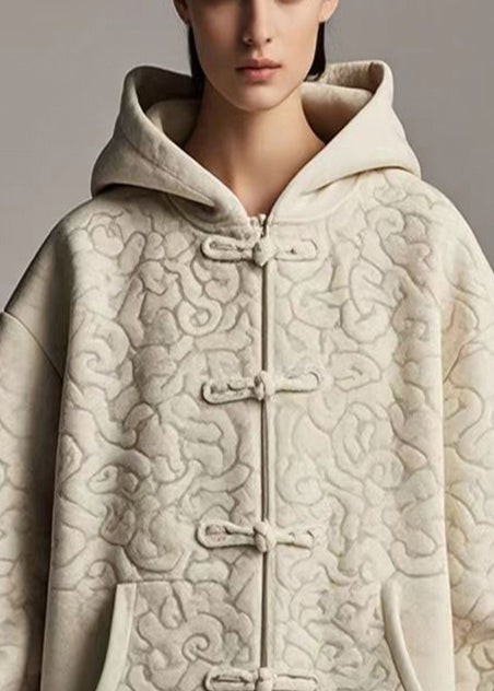 Style Light Khaki Oversized Jacquard Cotton Hooded Jacket Fall