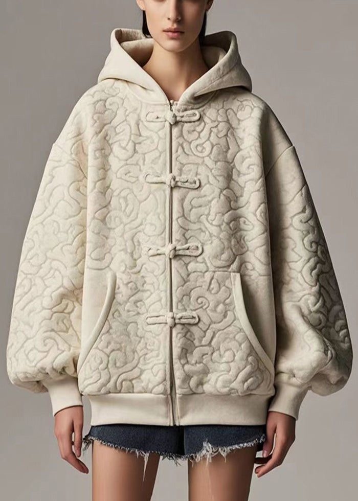 Style Light Khaki Oversized Jacquard Cotton Hooded Jacket Fall