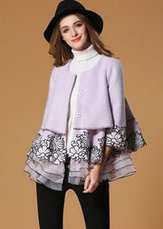 Style Light Purple Embroideried Organza Patchwork Woolen Coat Half Sleeve