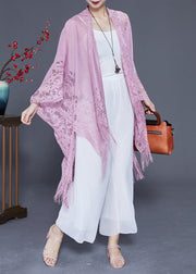 Style Light Purple Hollow Out Tasseled Lace Scarf