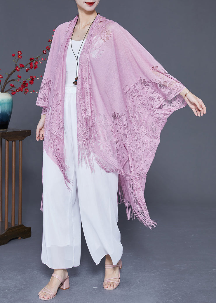 Style Light Purple Hollow Out Tasseled Lace Scarf