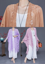 Style Light Purple Hollow Out Tasseled Lace Scarf