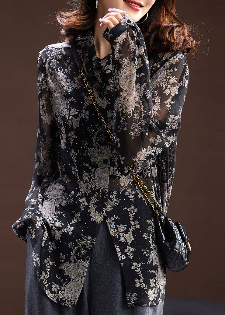 Style Loose Black Zircon Print Chiffon Shirts Long Sleeve