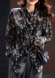 Style Loose Black Zircon Print Chiffon Shirts Long Sleeve