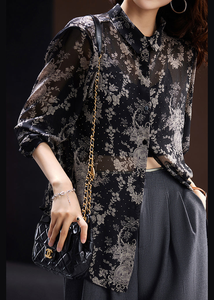 Style Loose Black Zircon Print Chiffon Shirts Long Sleeve