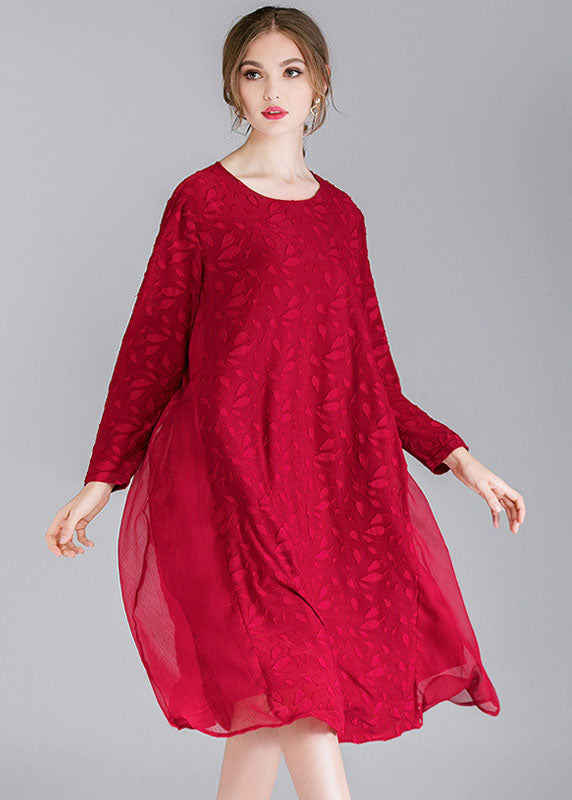 Style Mulberry O-Neck Patchwork Chiffon Holiday Dress Long Sleeve