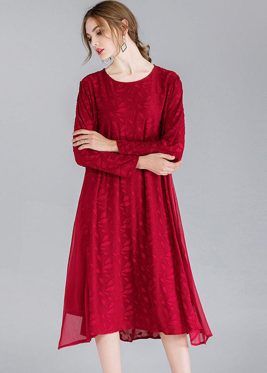 Style Mulberry O-Neck Patchwork Chiffon Holiday Dress Long Sleeve