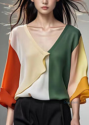 Style Multi V Neck Patchwork Chiffon Tops Bracelet Sleeve