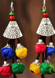 Style Multicolour Cotton Ball Silver Drop Earrings