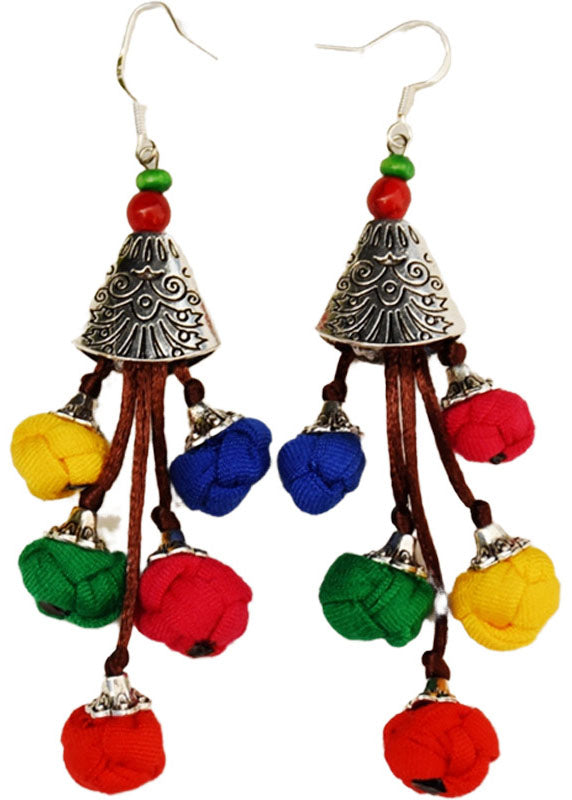 Style Multicolour Cotton Ball Silver Drop Earrings