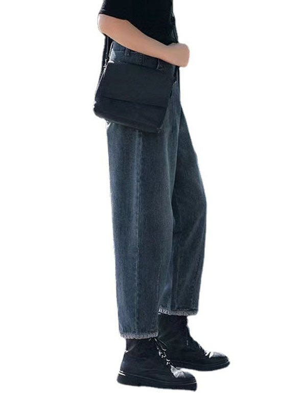 Style Navy-Floral High Waist Pockets Harem Casual Fall Denim  Pants