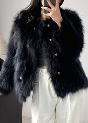 Style Navy O Neck Double Breast Leather And Fur Coat Winter