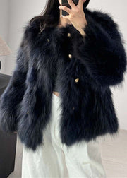 Style Navy O Neck Double Breast Leather And Fur Coat Winter