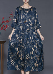 Style Navy Oversized Print Silk Vacation Dresses Half Sleeve