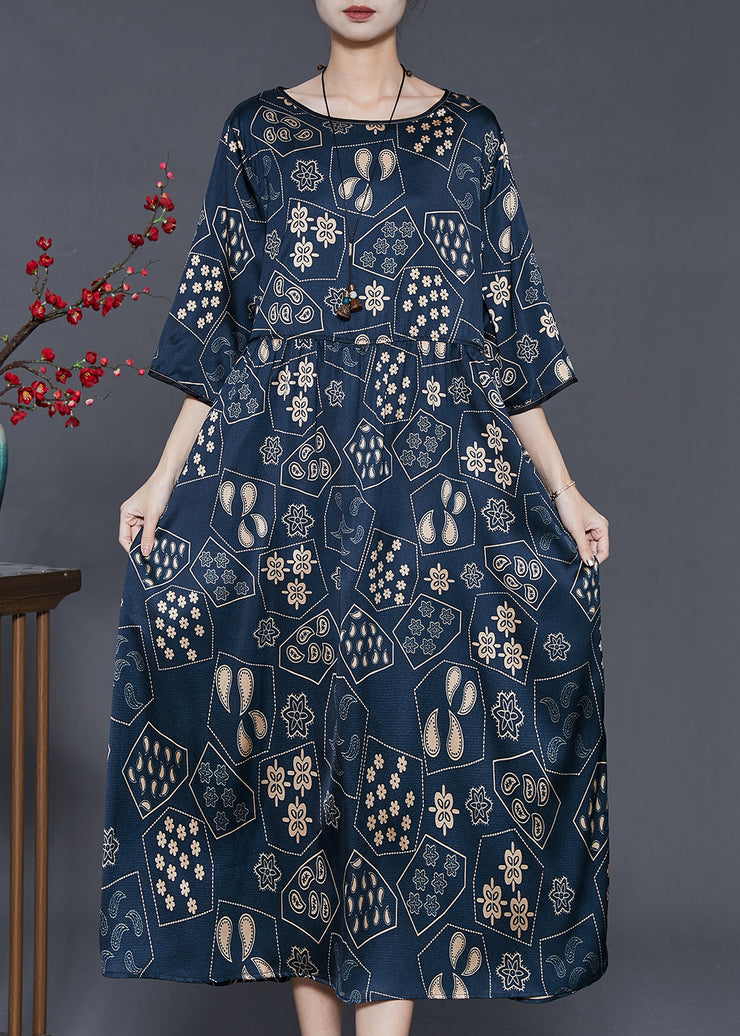 Style Navy Oversized Print Silk Vacation Dresses Half Sleeve