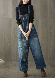 Style Navy Patchwork Print Denim Wide Leg Jumpsuit Spring