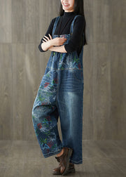 Style Navy Patchwork Print Denim Wide Leg Jumpsuit Spring