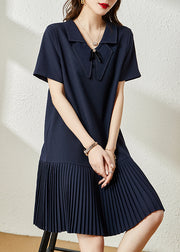 Style Navy Peter Pan Collar Patchwork Cotton Pleated Dresses Summer