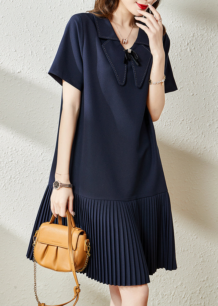 Style Navy Peter Pan Collar Patchwork Cotton Pleated Dresses Summer