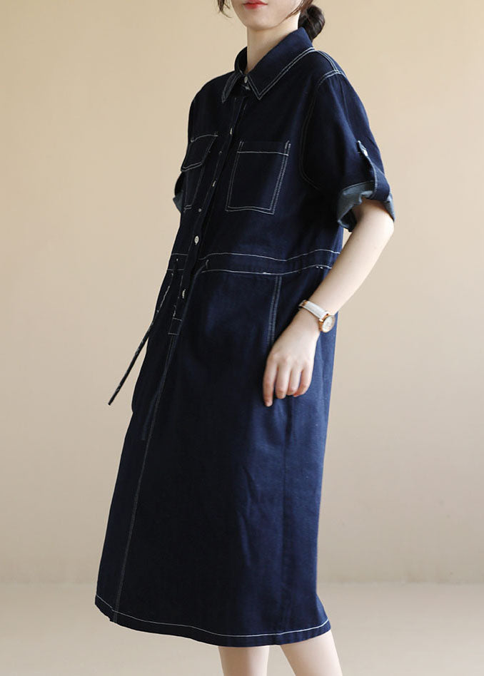 Style Navy Peter Pan Collar Pockets Drawstring Cotton Denim Dresses Short Sleeve