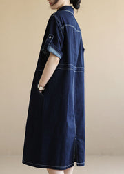 Style Navy Peter Pan Collar Pockets Drawstring Cotton Denim Dresses Short Sleeve