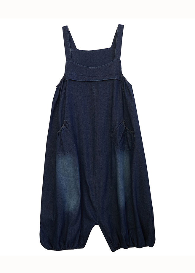 Style Navy Pockets Patchwork Denim Lantern Jumpsuit Summer