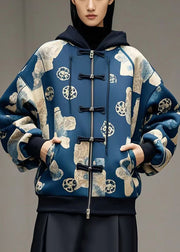 Style Navy Print Chinese Button Cotton Hoodie Coat Fall