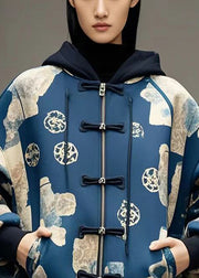 Style Navy Print Chinese Button Cotton Hoodie Coat Fall