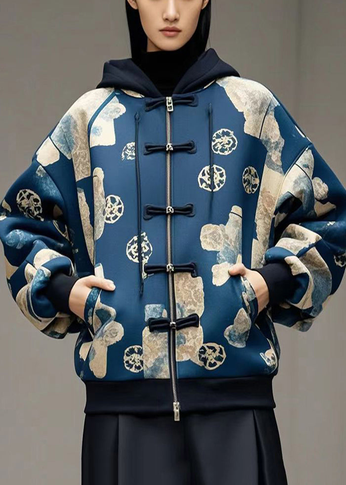 Style Navy Print Chinese Button Cotton Hoodie Coat Fall