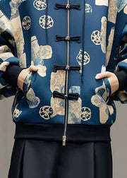 Style Navy Print Chinese Button Cotton Hoodie Coat Fall