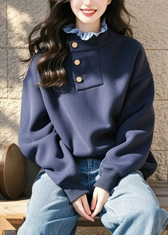 Style Navy Ruffled Patchwork Cotton Sweatshirt Spring