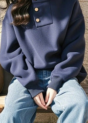 Style Navy Ruffled Patchwork Cotton Sweatshirt Spring