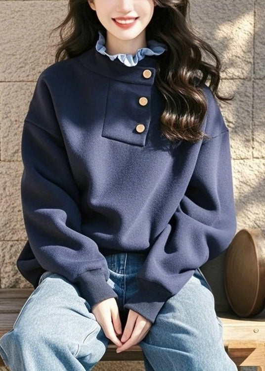 Style Navy Ruffled Patchwork Cotton Sweatshirt Spring