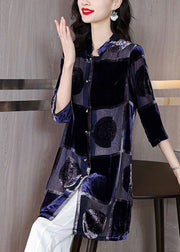 Style Navy Stand Collar Print Chiffon Long Shirt Half Sleeve