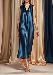 Style Navy V Neck Draping Silk Maxi Dresses Summer