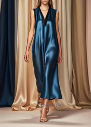 Style Navy V Neck Draping Silk Maxi Dresses Summer