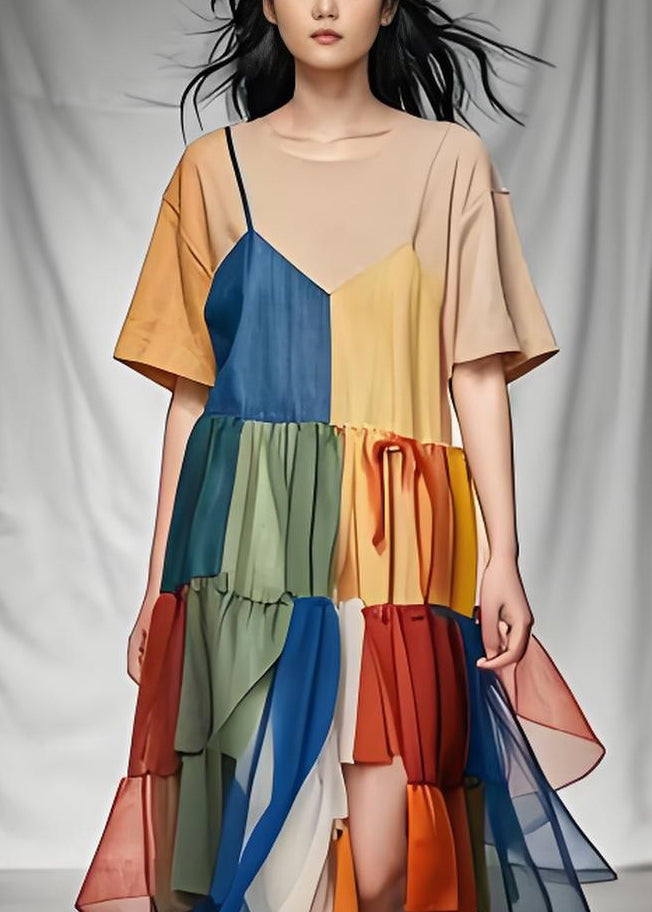 Style O Neck Wrinkled Tulle Patchwork Cotton Long Dress Summer