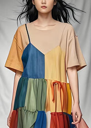 Style O Neck Wrinkled Tulle Patchwork Cotton Long Dress Summer