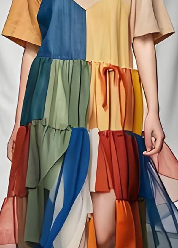 Style O Neck Wrinkled Tulle Patchwork Cotton Long Dress Summer