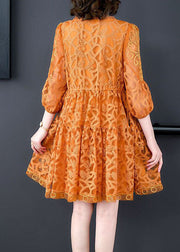 Style Orange Embroideried Patchwork Tulle Mid Dress Summer