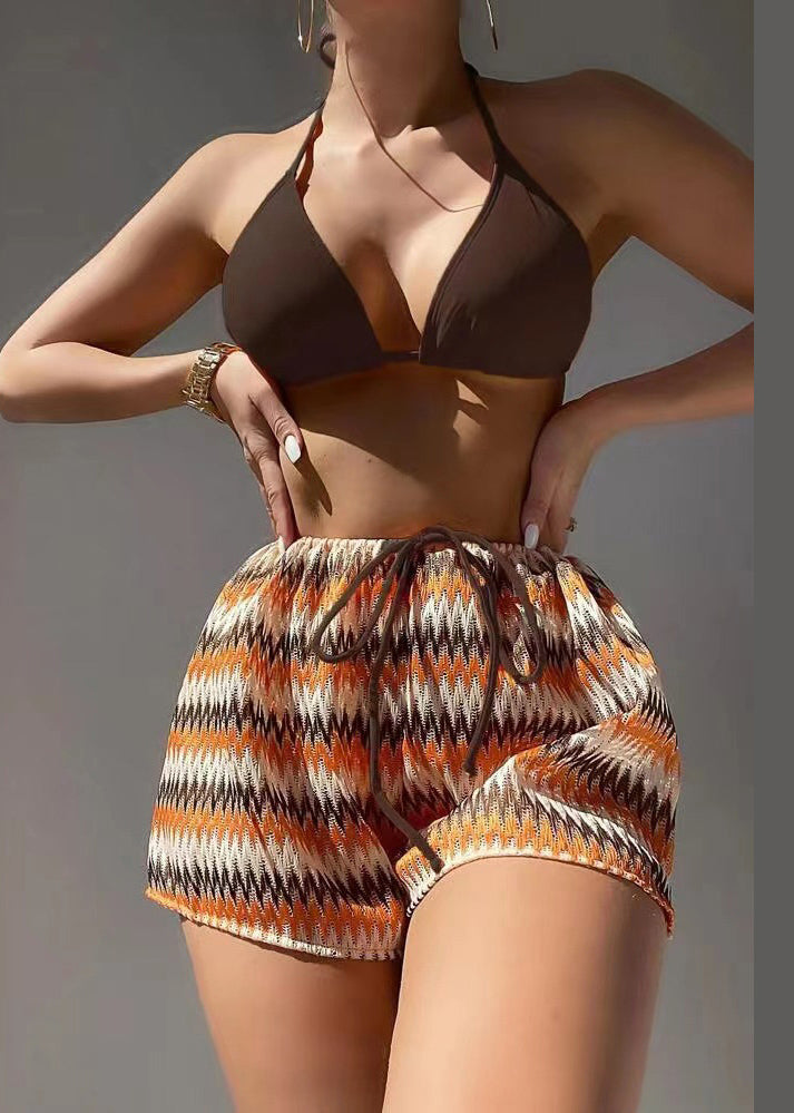 Style Orange Halter Lace Up Backless Swimwear Set