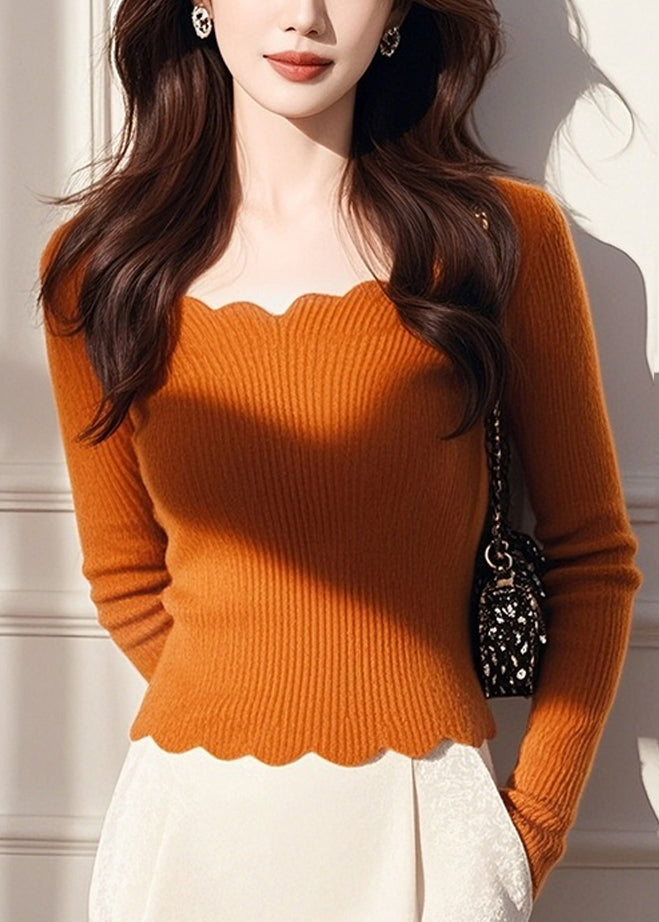 Style Orange O Neck Knit Short Sweater Tops Spring