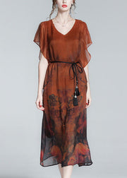 Style Orange O-Neck Print Tie Waist Silk Holiday Long Dress Short Sleeve