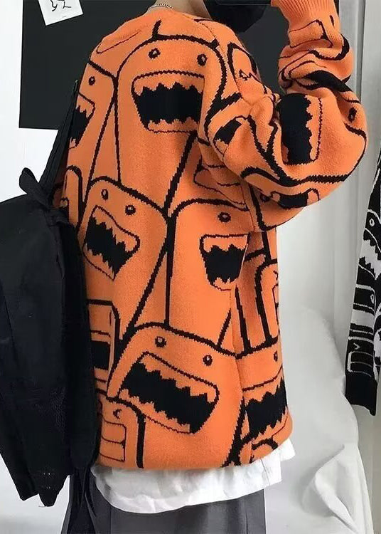 Style Orange O Neck Thick Print Knit Men Sweater Tops Winter