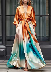 Style Orange V Neck Flattering Silk Maxi Dresses Half Sleeve