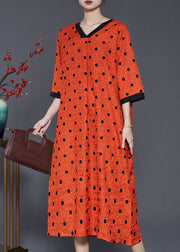 Style Orange V Neck Print Linen Maxi Dresses Summer