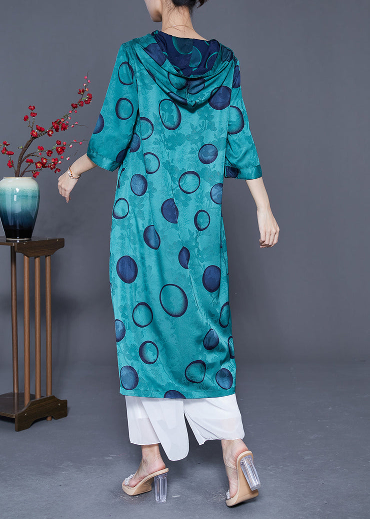 Style Peacock Blue Hooded Print Wear On Both Sides Silk Long Dress Summer