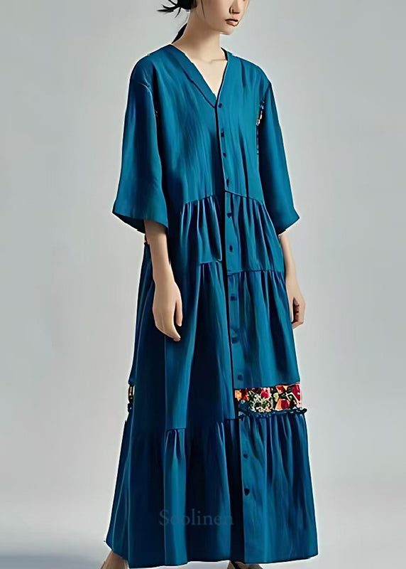 Style Peacock Blue Oversized Patchwork Cotton Maxi Dress Summer